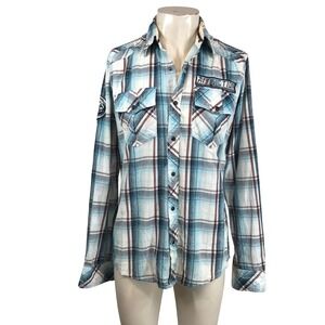 Affliction Black Premium Mens Slim Fit Plaid Button Down Shirt Blue White M